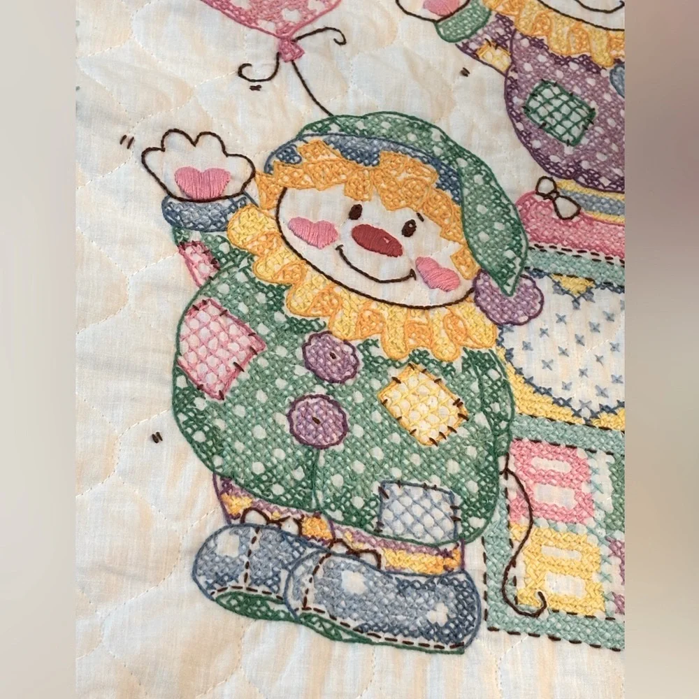 Vintage Clown Cross Stitched Baby Quilt. Blanket| Sweet Dreams |Pastel 39.5x28.5